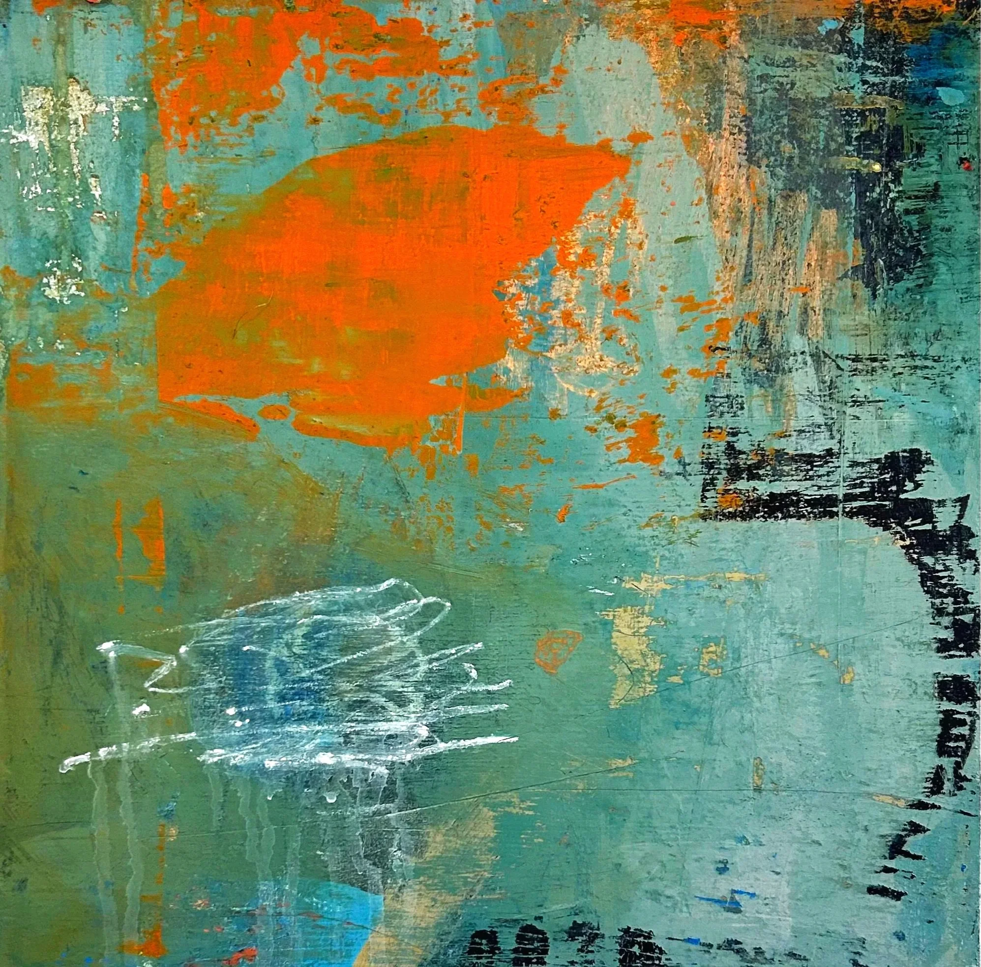 MOMENTS OF ANTICIPATION: 12” X 12” Mixed media acrylic, collage on board /