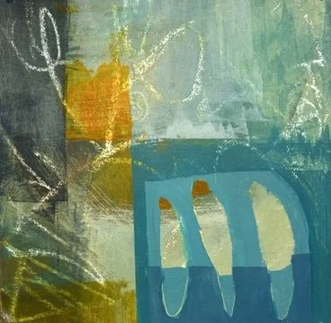 FEELING THROUGH: 12” X 12” Mixed media acrylic, collage on board