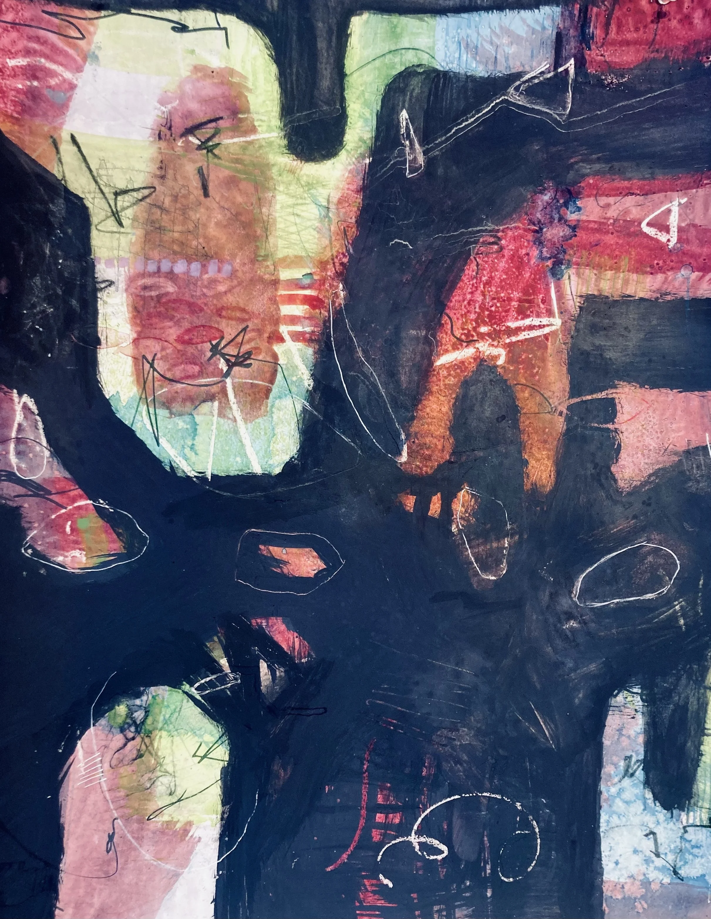 MIIDNIGHT NOTES: 16” X 20” Mixed media watercolor, gouache, charcoal, pencil, wax on paper //SOLD