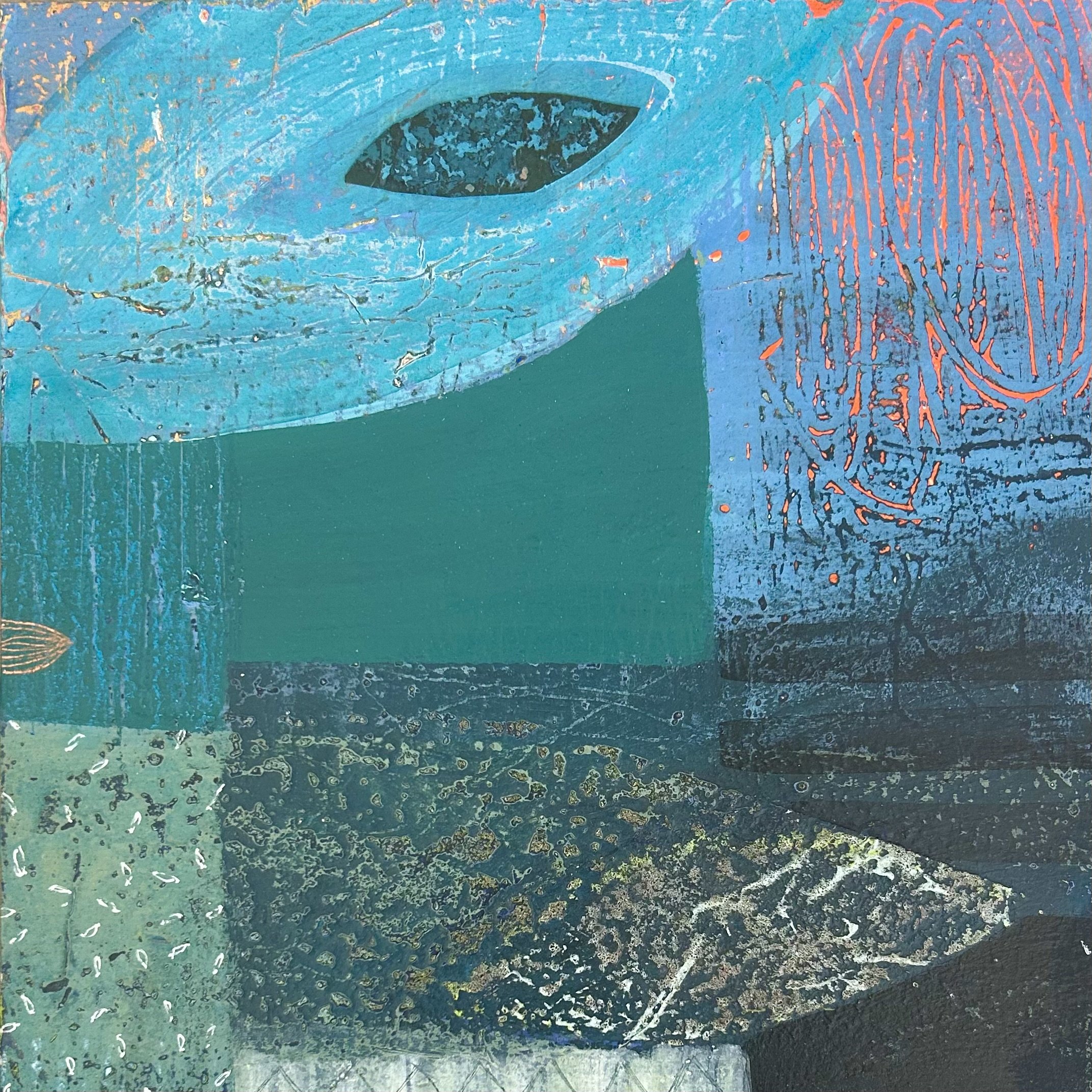 SUBMERGED Small THREE: 12” X 12” Mixed media acrylic, collage on board