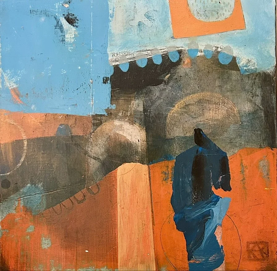 **THE RELEVANCE OF RUIN I: 12” X 12” Mixed media acrylic, collage on board 