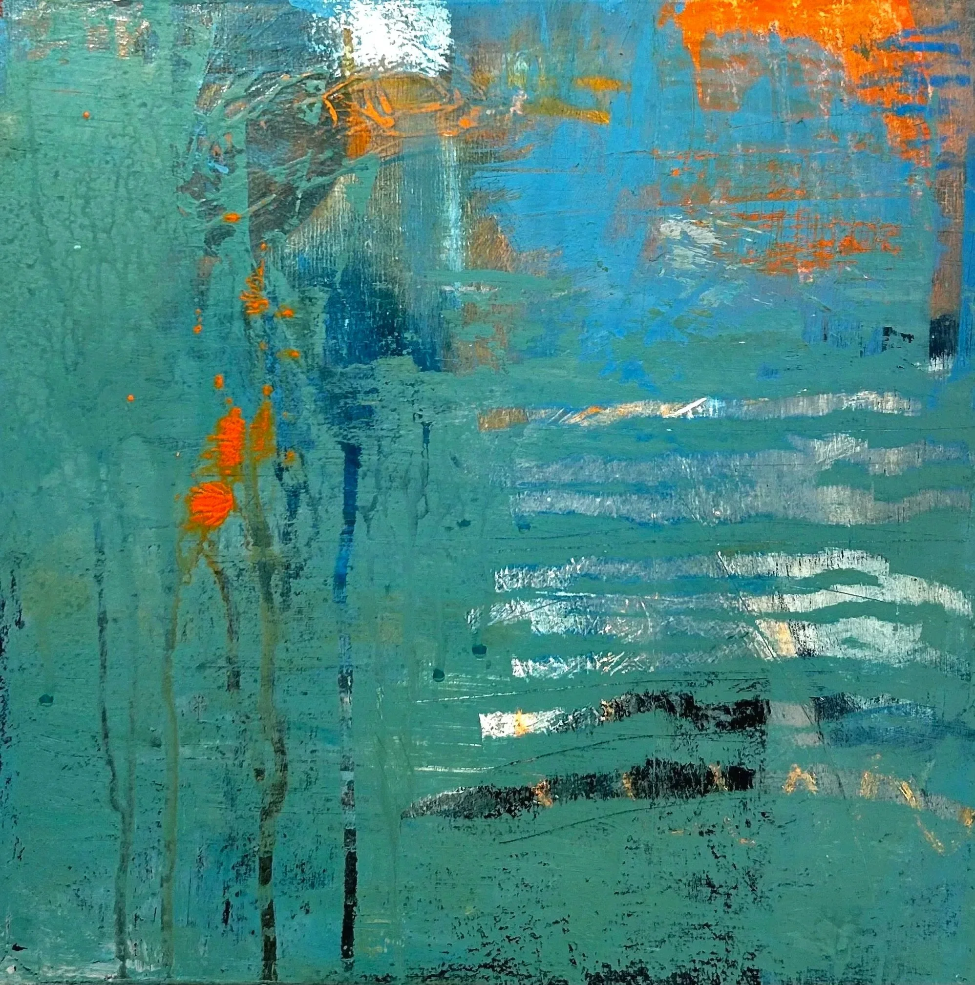 PEERING THROUGH: 12” X 12” Mixed media acrylic, collage on board 