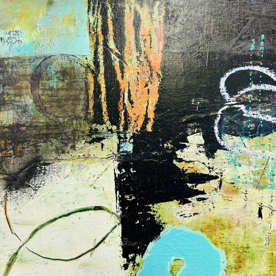 RUST NEVER SLEEPS I: 12” X 12” Mixed media acrylic, collage on board 