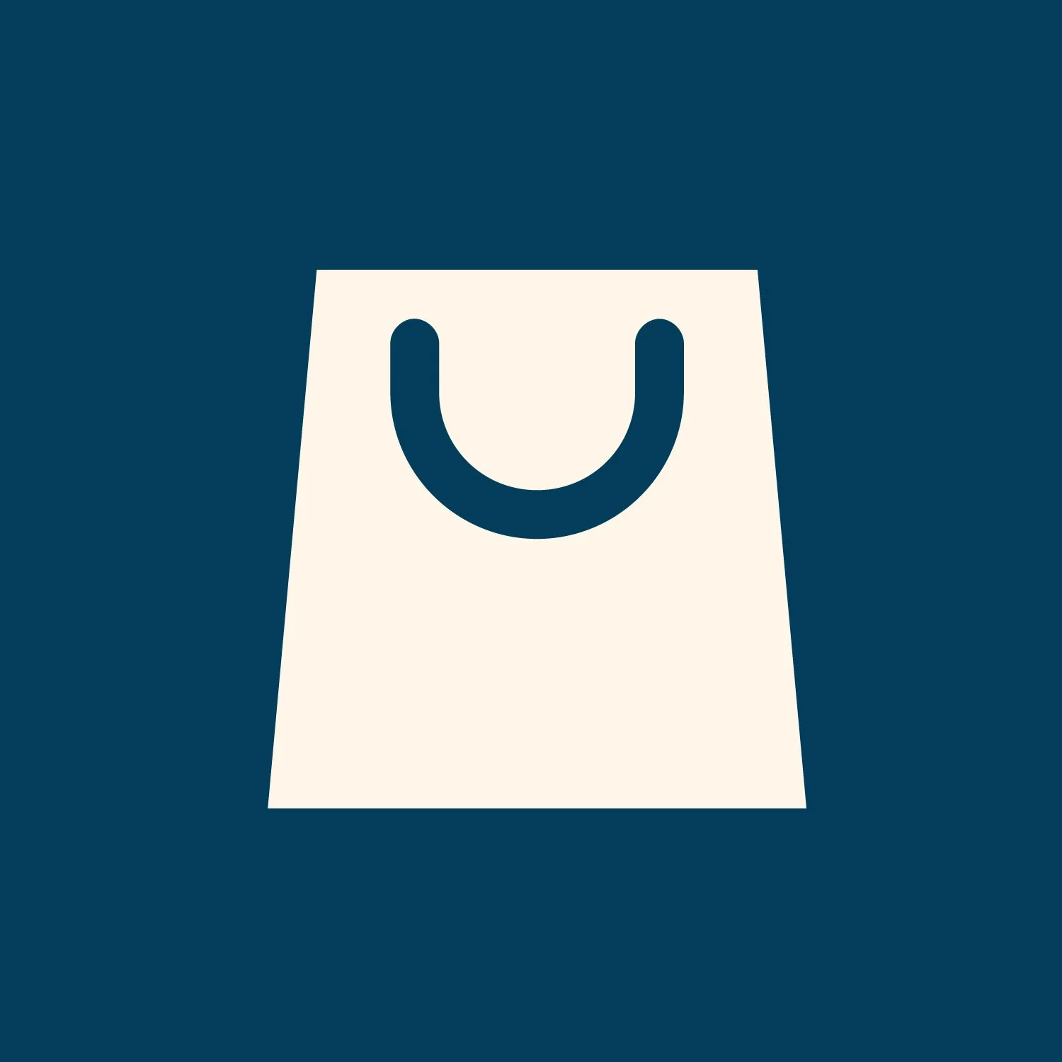 A minimalist illustration of a shopping bag with a U-shaped handle on a dark blue background.