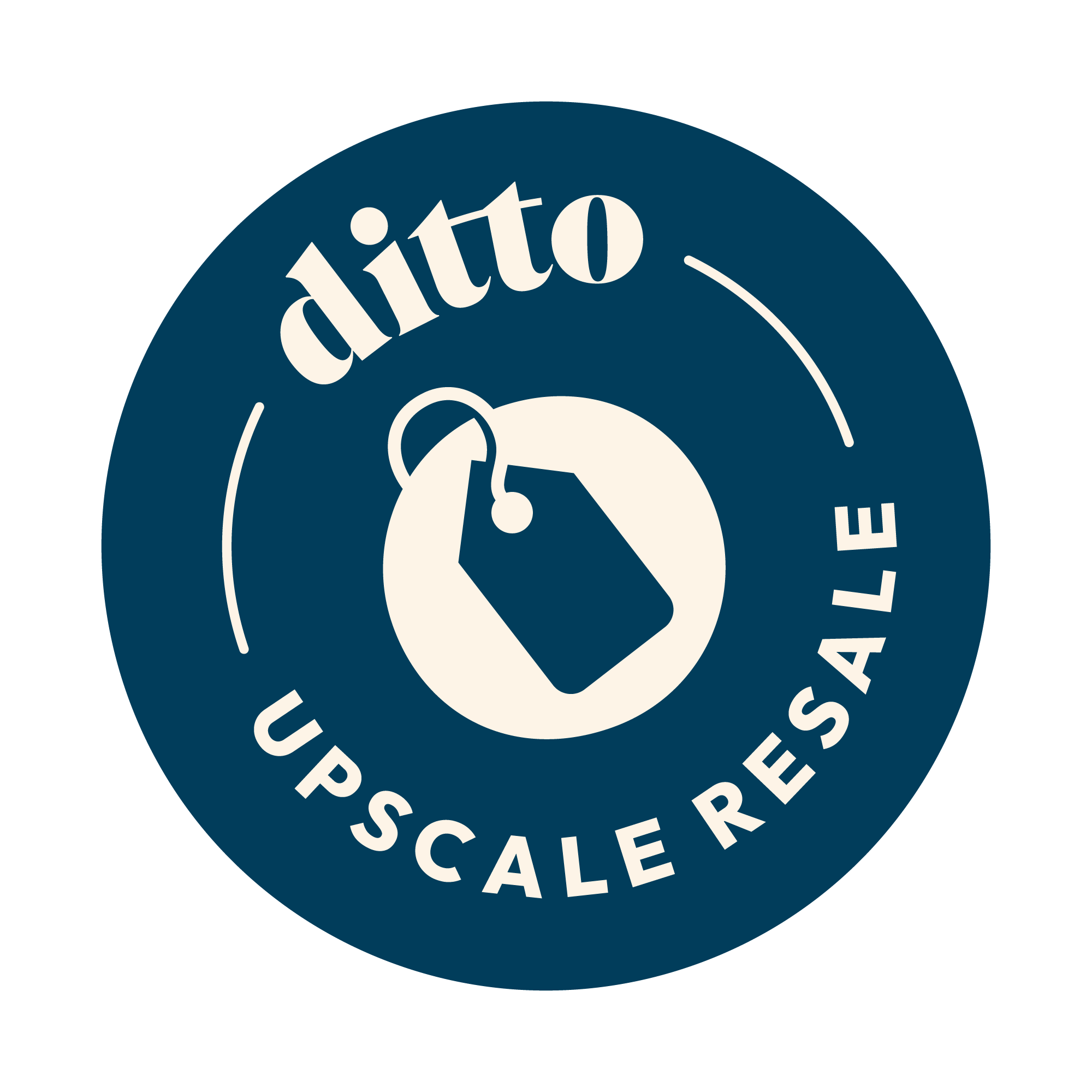 Upscale resale sticker with a blue circle, the word 'ditto' at the top, and a white price tag icon in the center.