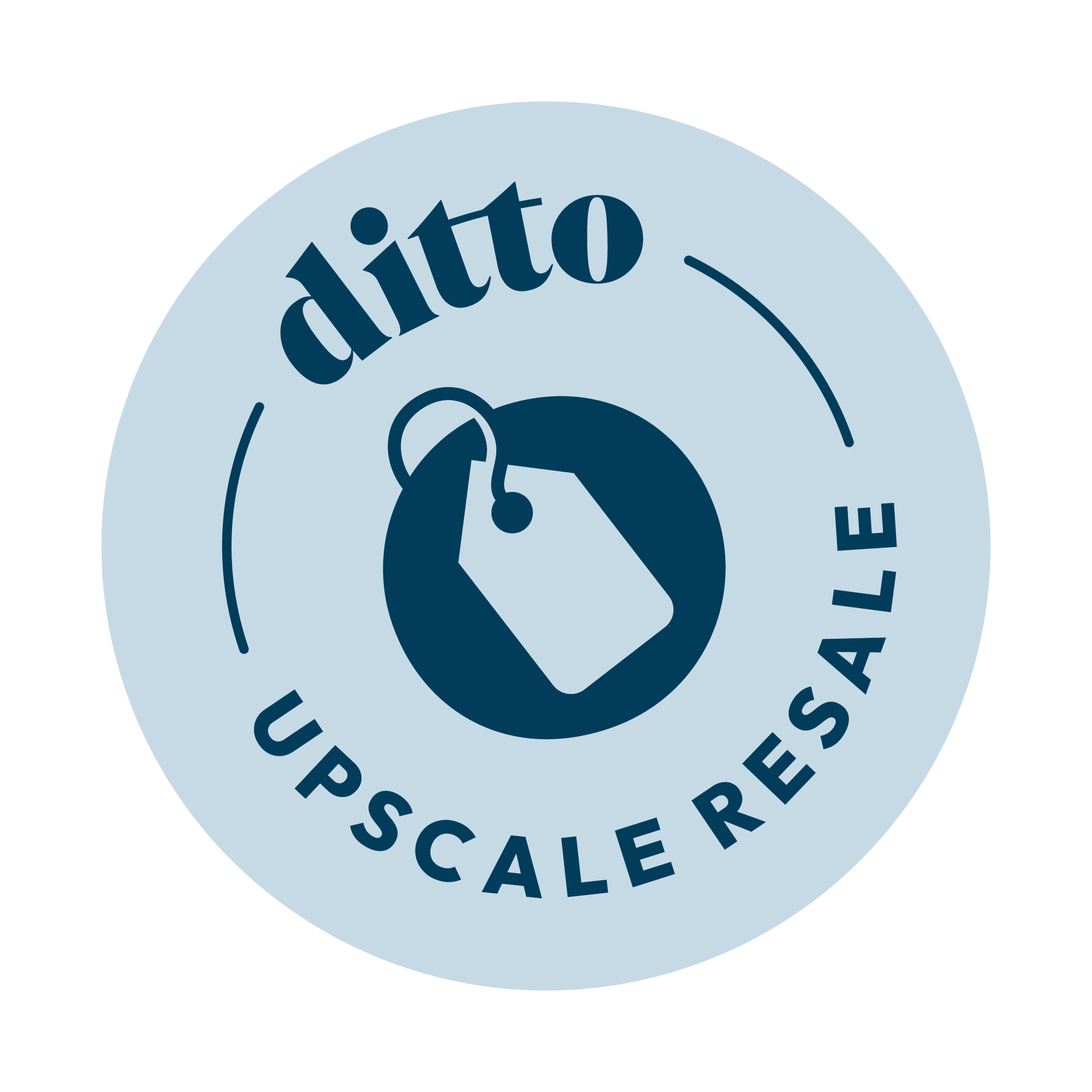 A circular logo with a light blue background, featuring a dark blue hands holding a luggage tag in the center. Above the luggage tag, the text reads "ditto" in bold, dark blue font. Below, it says "UPSCale RESALE" in uppercase letters.