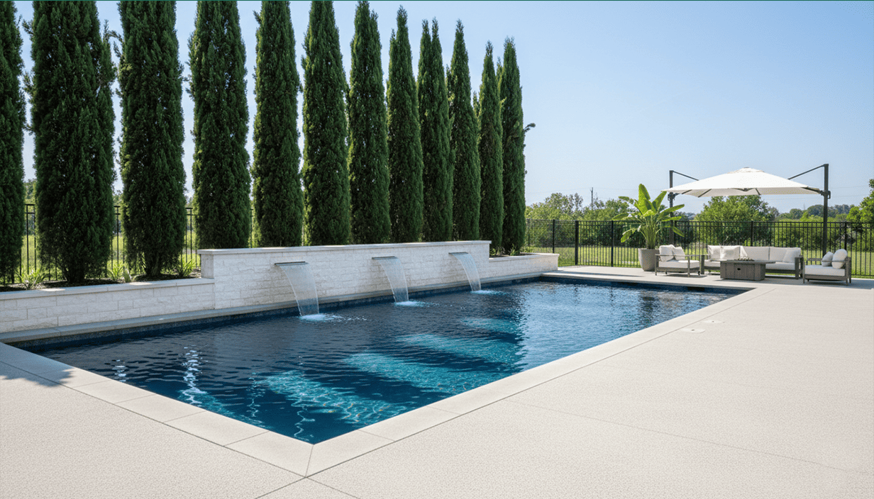 A backyard swimming pool surrounded by a concrete deck with outdoor seating, a large umbrella, tall cypress trees, and a black fence in the background under a clear blue sky.