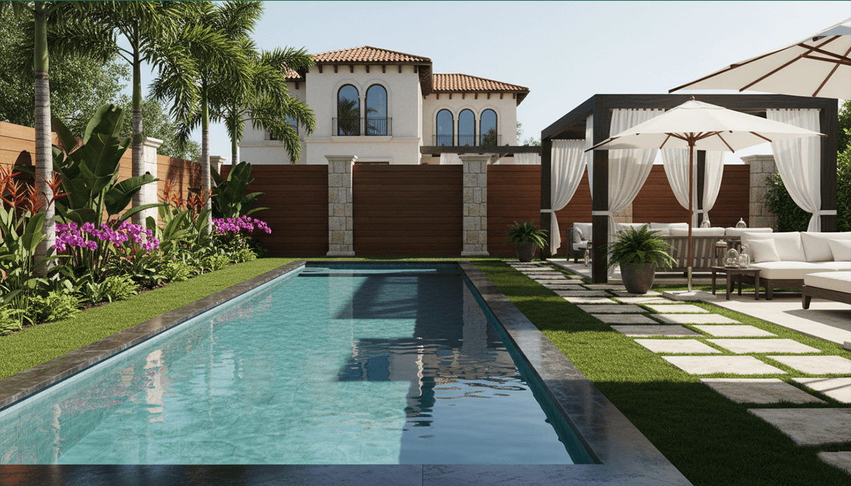 Backyard with a swimming pool, tropical plants, and a patio seating area with umbrellas and outdoor furniture, enclosed by a wooden fence and a house in the background.