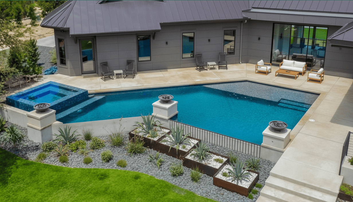 Modern backyard with a swimming pool, hot tub, patio furniture, and landscaped garden.