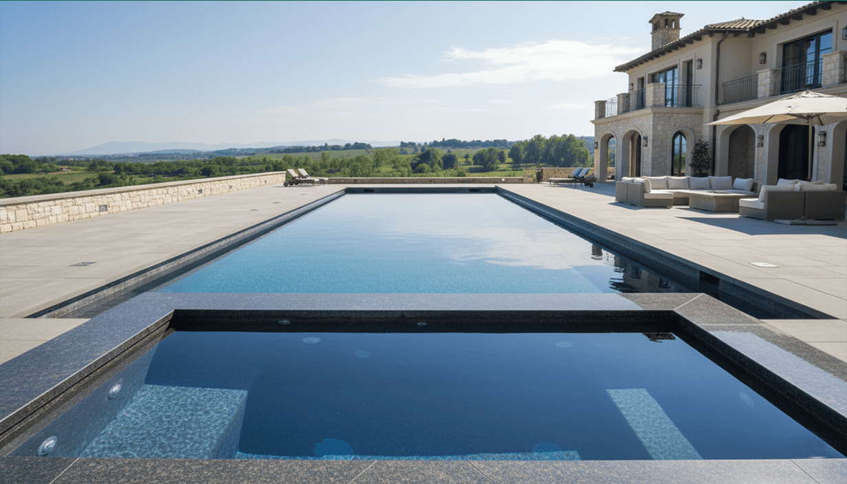 Luxury house with outdoor swimming pool and hot tub on spacious patio, overlooking scenic countryside landscape.