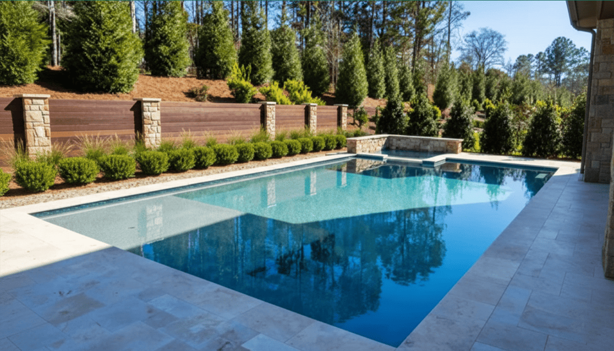 A backyard with a swimming pool, surrounded by a stone patio, a landscaped hill with bushes, and a wooden and stone fence, with trees and a clear blue sky in the background.