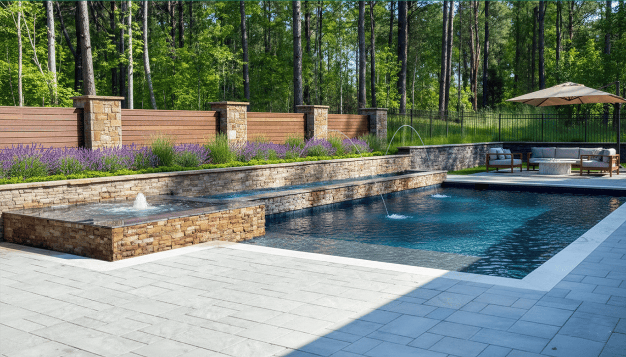 A backyard with a swimming pool, fountain, and a sitting area with outdoor furniture, patio umbrella, and landscaping with green trees.