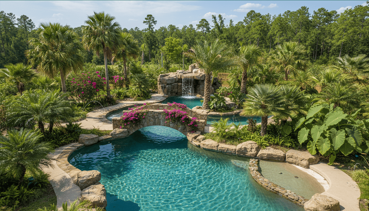 Resort-style backyard with a freeform swimming pool surrounded by lush tropical plants and palm trees, featuring a small waterfall and a shaded hot tub area.