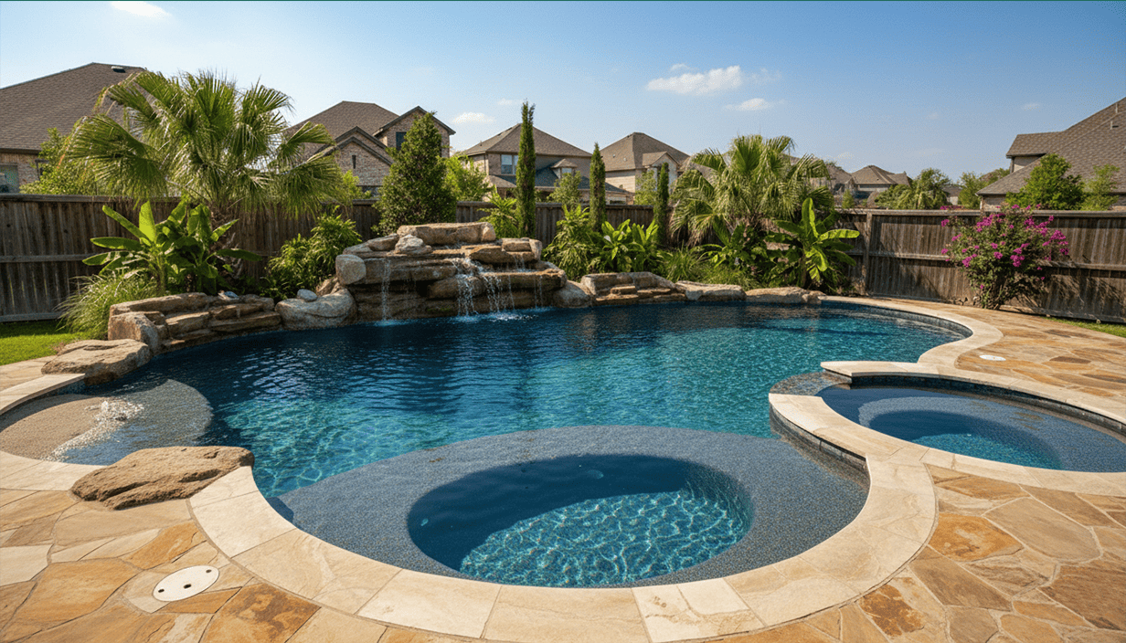 Backyard swimming pool with a waterfall feature, surrounded by a concrete deck, and landscaped with palm trees, bushes, and flowering plants, with houses in the background under a blue sky.