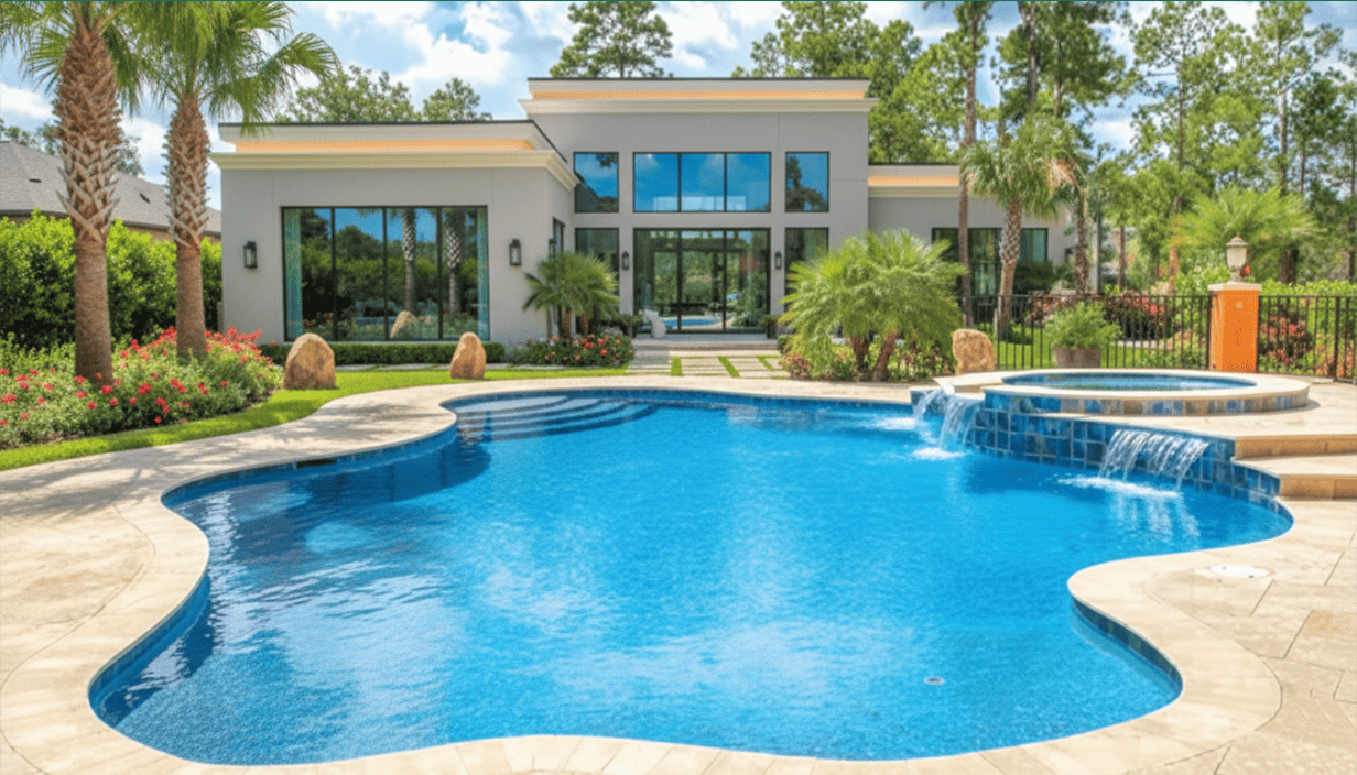 A modern house with a swimming pool in the backyard, surrounded by trees and landscaped plants.