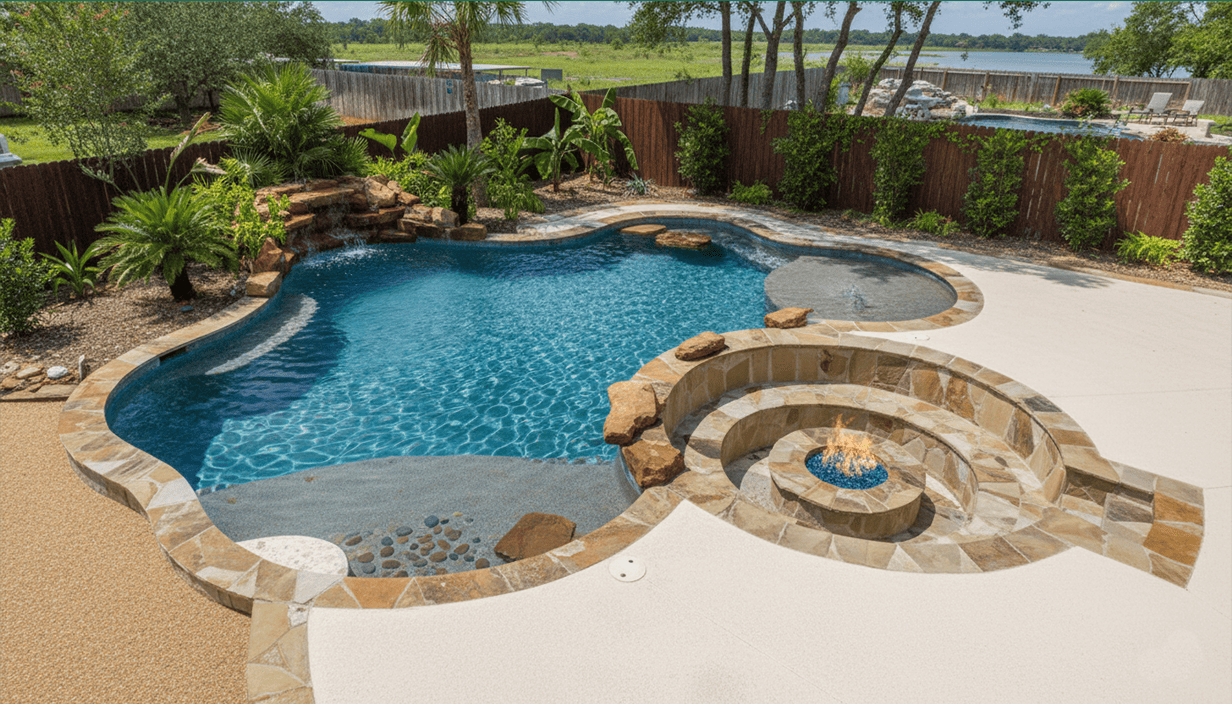 Swimming pool with a built-in fire feature, surrounded by a stone patio and lush landscaping, overlooking a lakeside view.