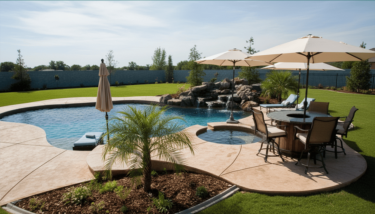 Backyard swimming pool area with a waterfall feature, outdoor dining with umbrellas, lounge chairs, and a small palm tree.