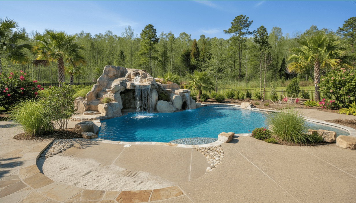 A backyard with a pool featuring a waterfall waterfall surrounded by rocks, palm trees, and greenery, with a blue sky overhead.