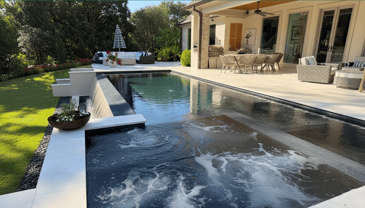Backyard with rectangular swimming pool, poolside seating, patio with dining table, outdoor kitchen, and lush greenery.