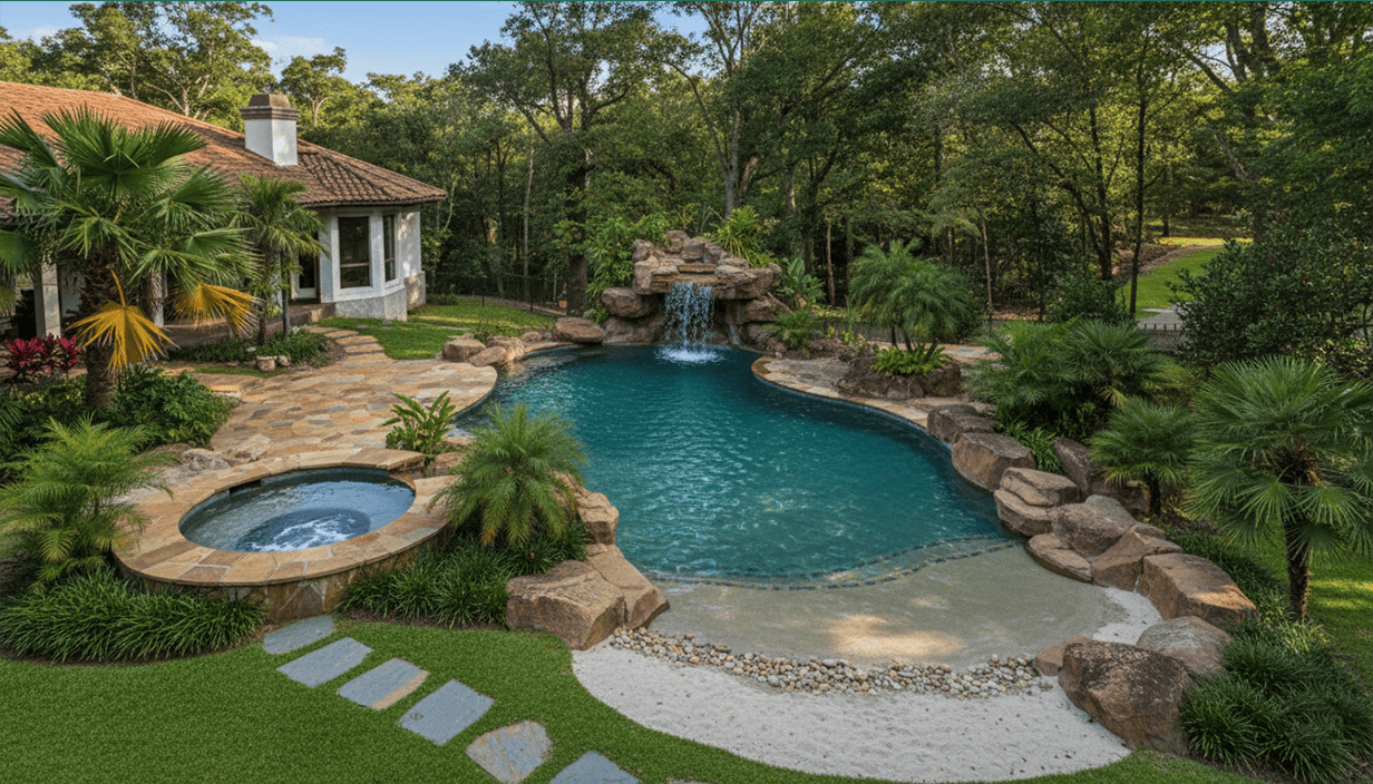 Backyard with a freeform swimming pool featuring a rock waterfall, surrounded by lush tropical plants and trees, with a small hot tub and a stone pathway leading to a house.