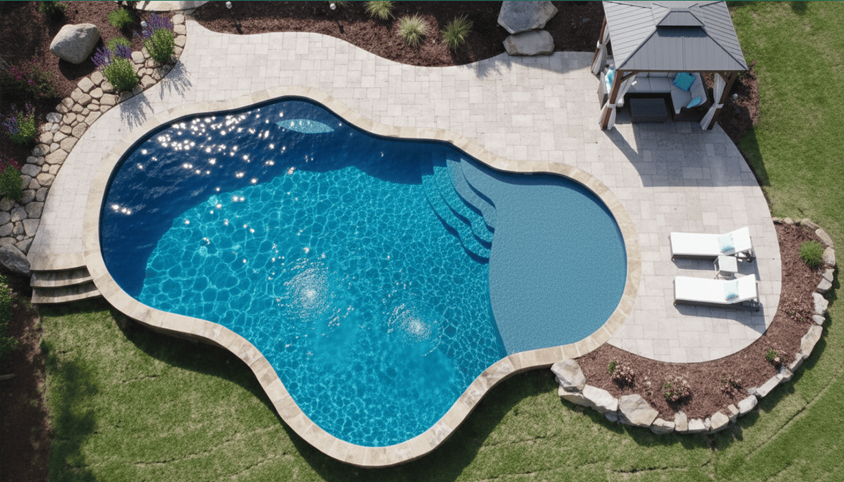 A backyard with a kidney-shaped swimming pool, lounge chairs, a small gazebo with seating, and landscaped garden with rocks and plants.