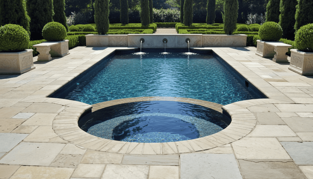 A luxurious backyard with a rectangular swimming pool and a hot tub, surrounded by stone paving and lush green hedges and trees.