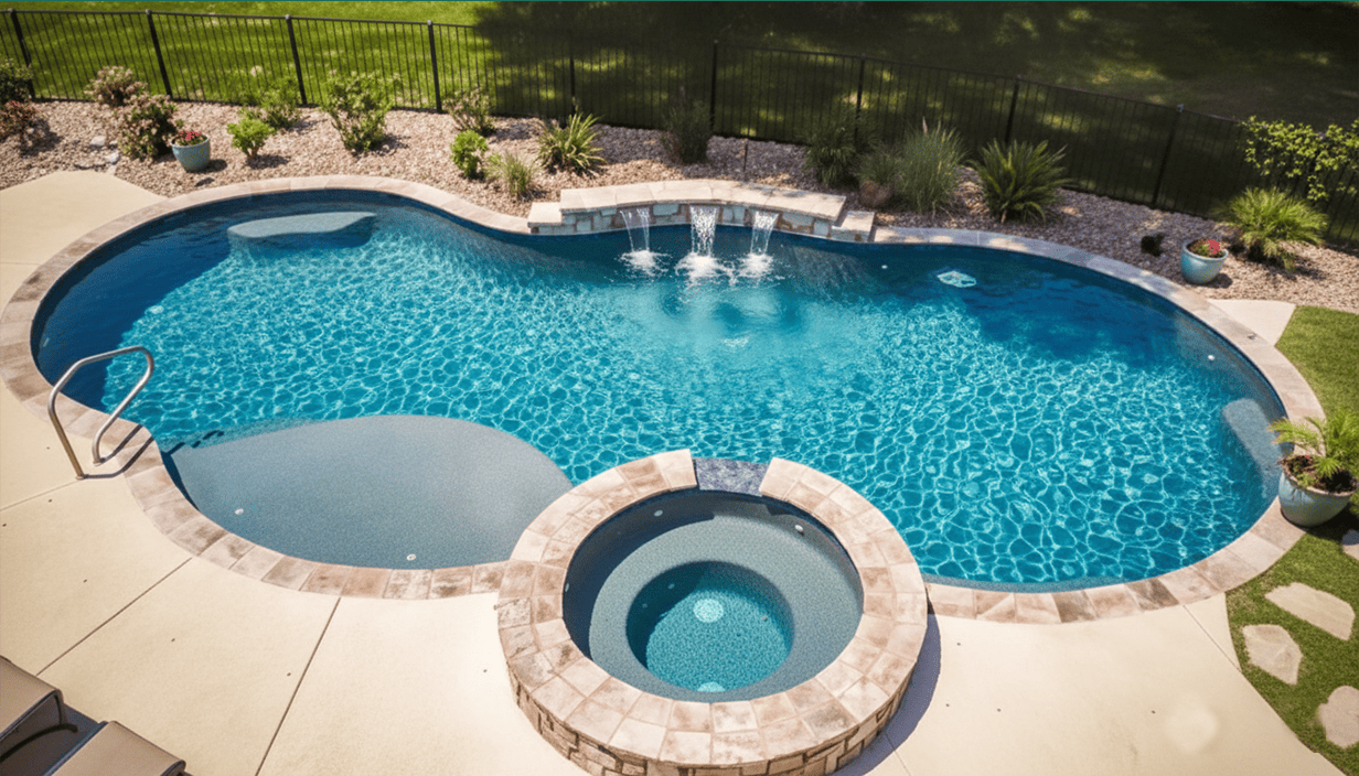 A backyard swimming pool with a hot tub attached and a waterfall feature. The pool area is enclosed by a black fence and surrounded by grass, plants, and flowers in pots.