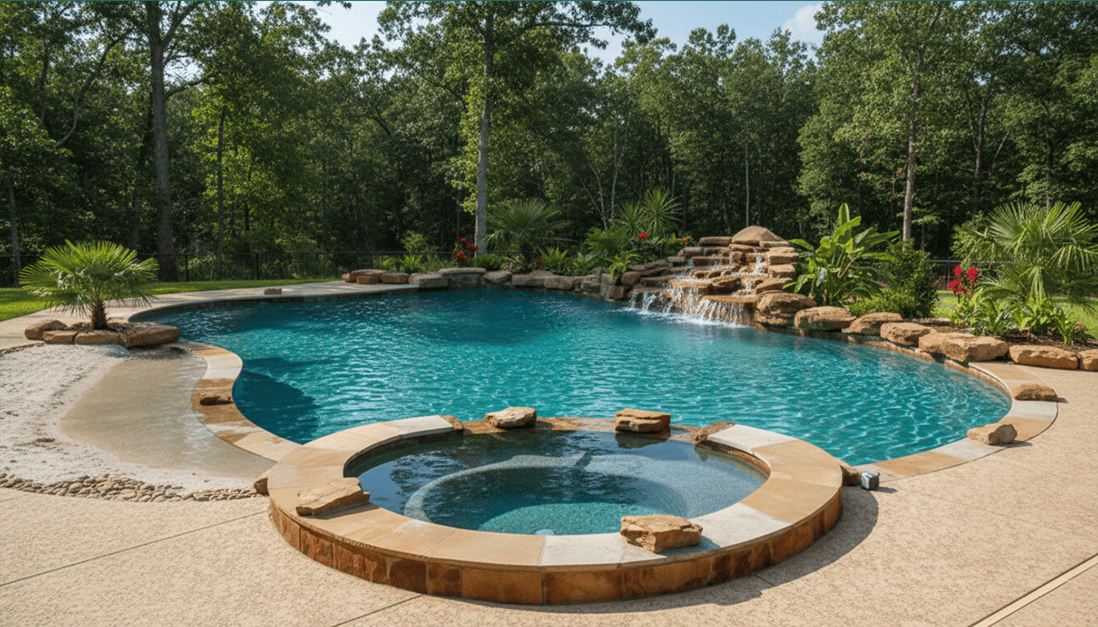 A backyard swimming pool with a waterfall, surrounded by rocks, plants, and trees, on a sunny day.