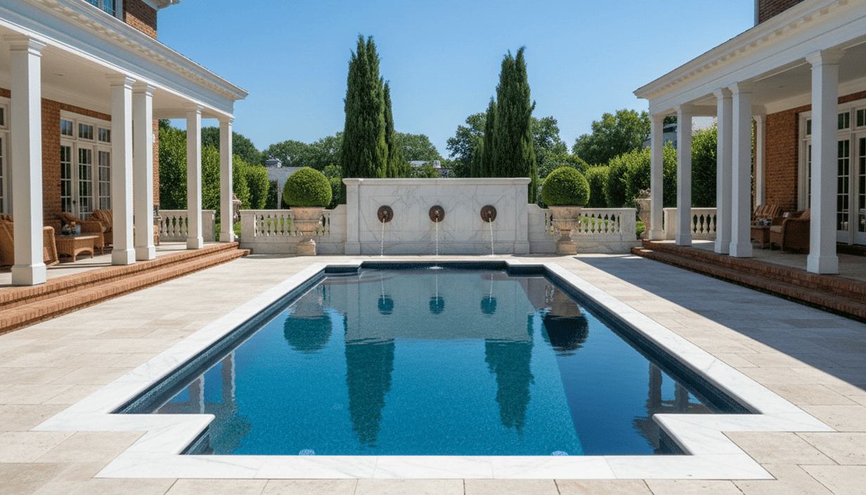 Luxury backyard with a rectangular swimming pool, surrounded by stone tiles, featuring a marble fountain with water spouts, and flanked by columns and seating areas under covered patios with outdoor furniture. Tall trees and greenery in the backgroun