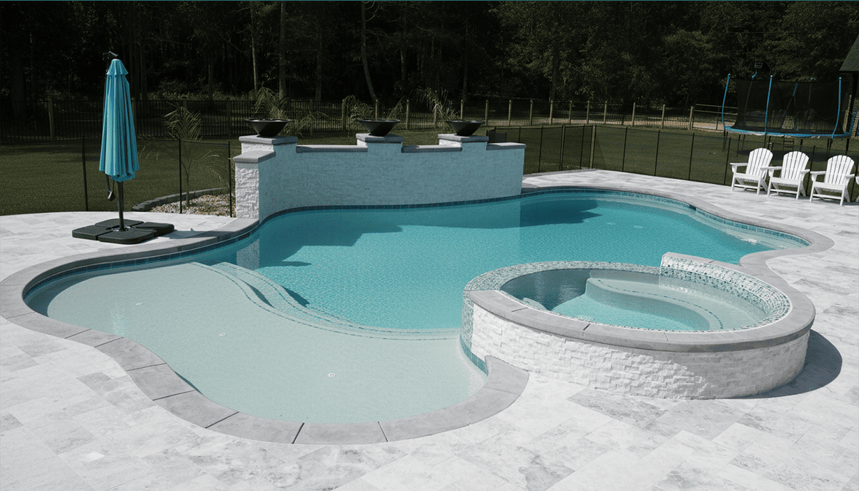 A backyard swimming pool area with a main pool, a hot tub, a blue patio umbrella, white Adirondack chairs, and a trampoline in the background.