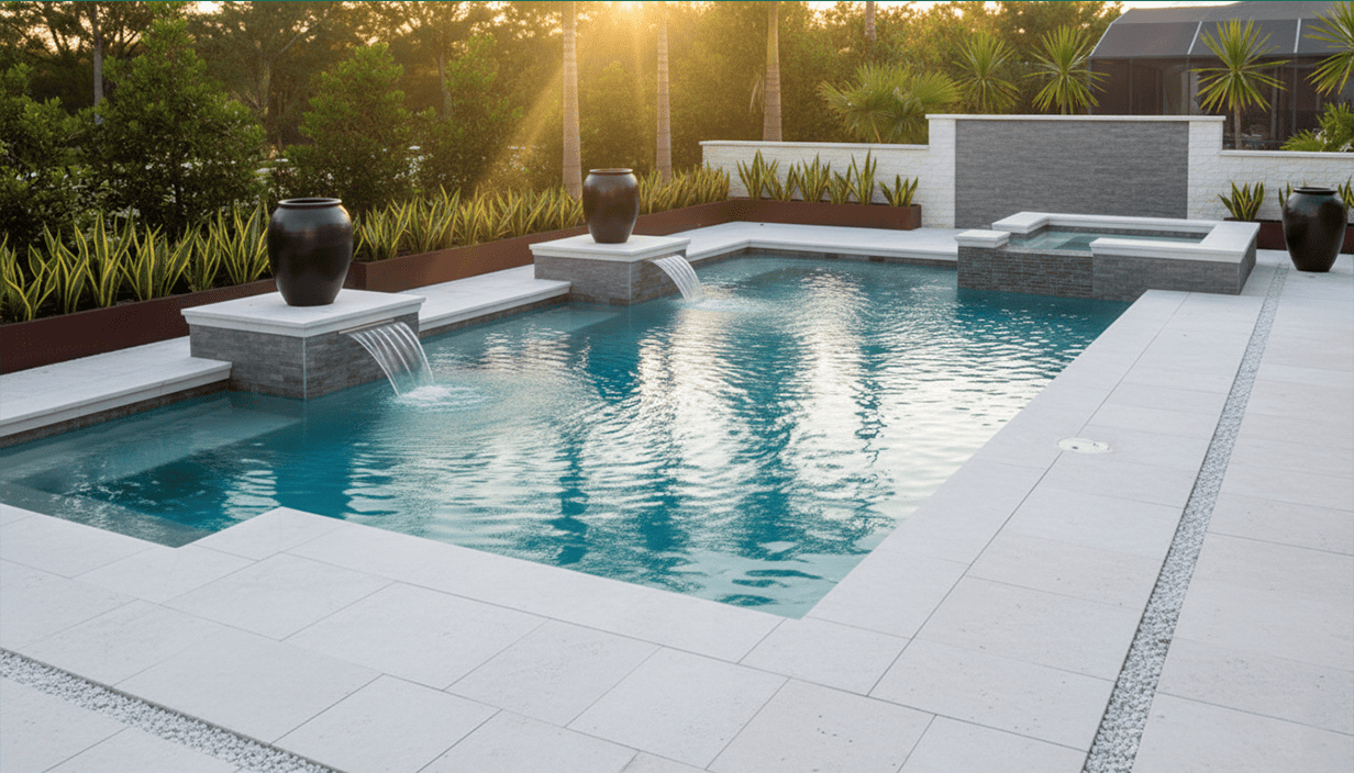 A modern backyard pool with water features, surrounded by white tile and landscaping with plants and trees, at sunset.