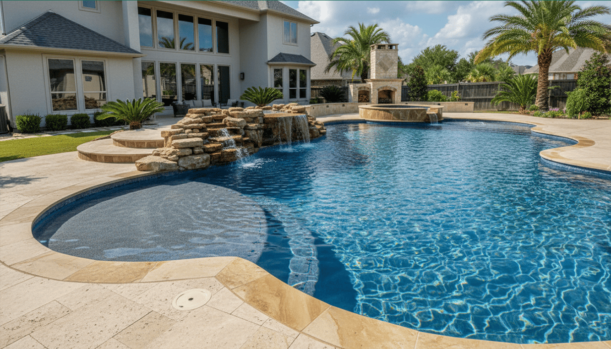 Backyard with a large, freeform swimming pool, waterfall feature with rocks, surrounded by a paved deck, palm trees, and a white house with large windows and a chimney.