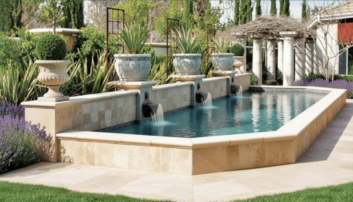A decorative outdoor water fountain with three waterfalls, large planters with plants, and lush landscaping in a backyard patio.