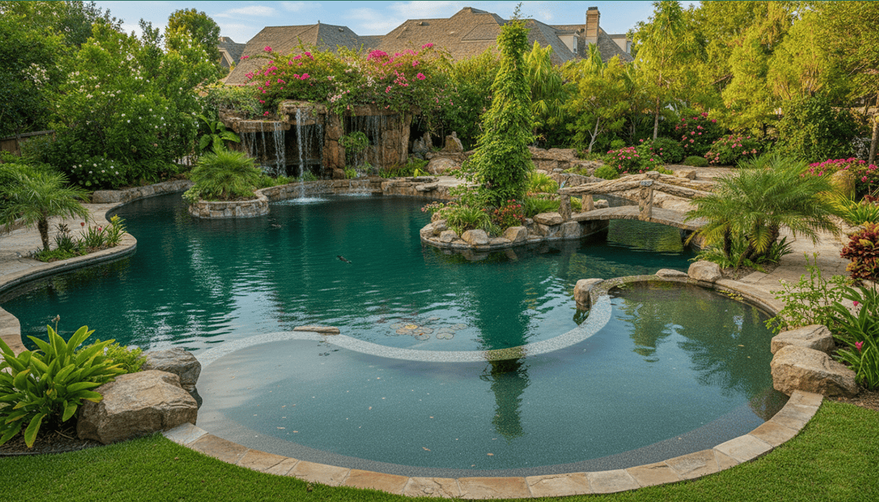 Backyard pool with waterfall, surrounded by lush greenery and flowers, with a stone bridge crossing the pool.