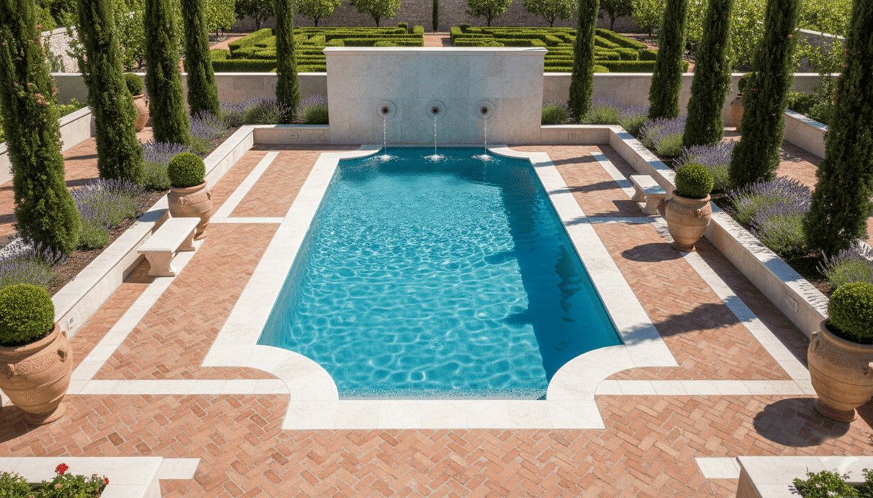 A rectangular swimming pool with water features on a stone deck, bordered by potted plants, benches, and lush green trees and bushes in a landscaped garden.