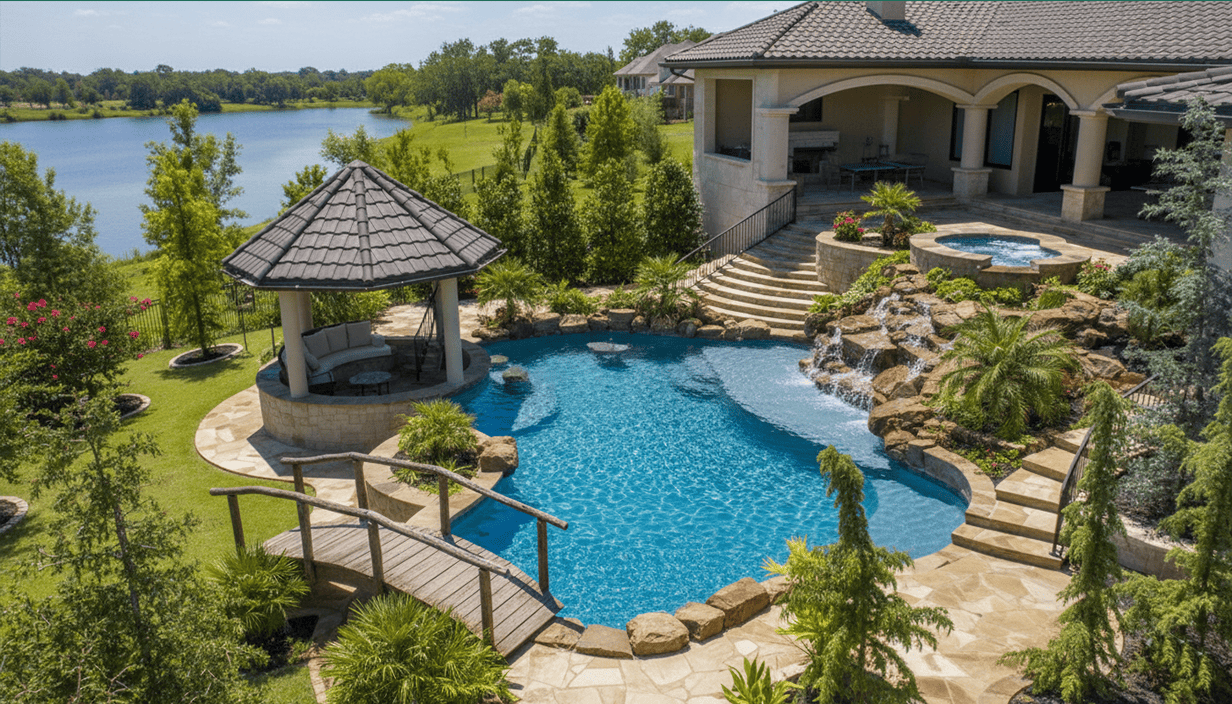 Luxury backyard with a swimming pool, waterfall, hot tub, gazebo, and landscaped garden near a lake.