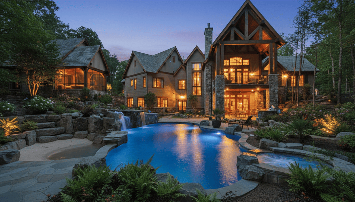A large, luxurious house with warm lights glowing from the windows, featuring a backyard with a freeform swimming pool, waterfalls, and landscaped gardens surrounded by trees at dusk.