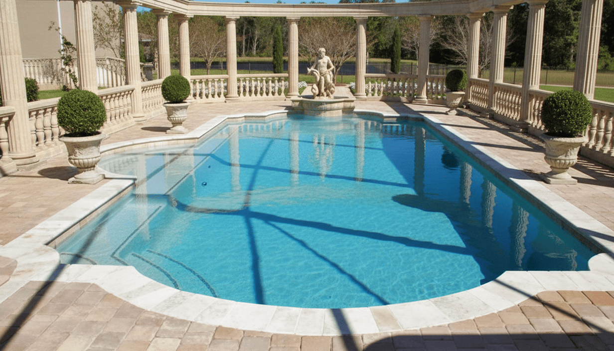 Elegant swimming pool with classical-style columns, balustrades, and a central fountain statue surrounded by manicured shrubs in a garden setting.