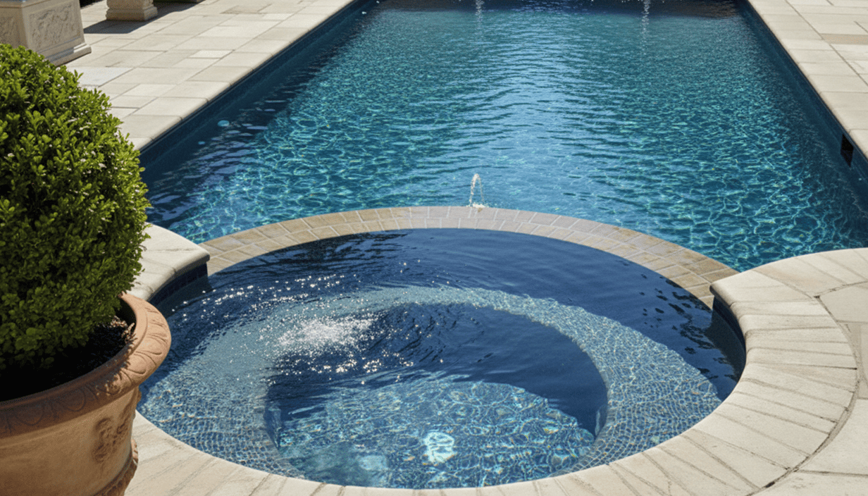A backyard pool with a circular hot tub attached, surrounded by stone pavers and a large potted shrub.