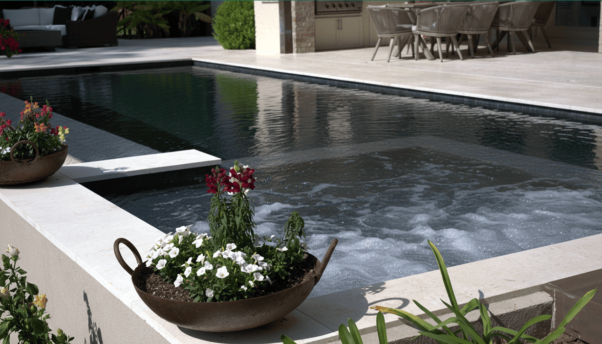 A backyard with a swimming pool, flowering plants in rust-colored pots, and outdoor furniture on a patio.