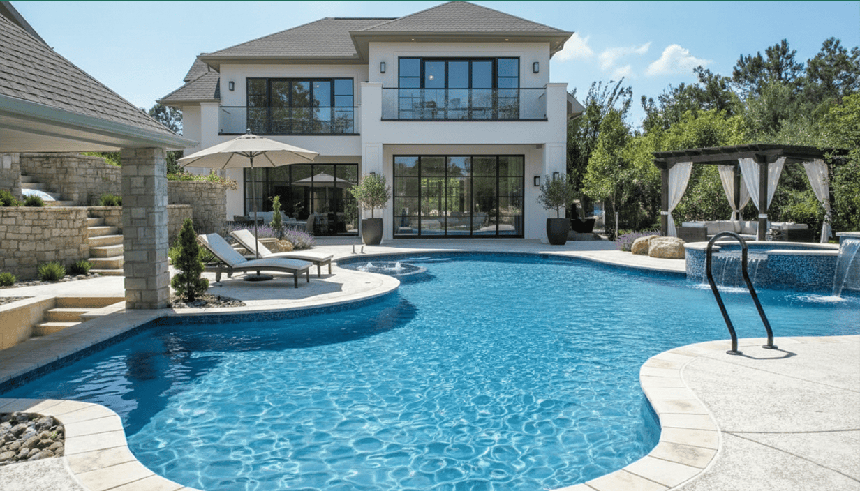Luxury modern backyard with a swimming pool, poolside lounge chairs with an umbrella, a shaded gazebo, and a white two-story house with large glass doors and windows.