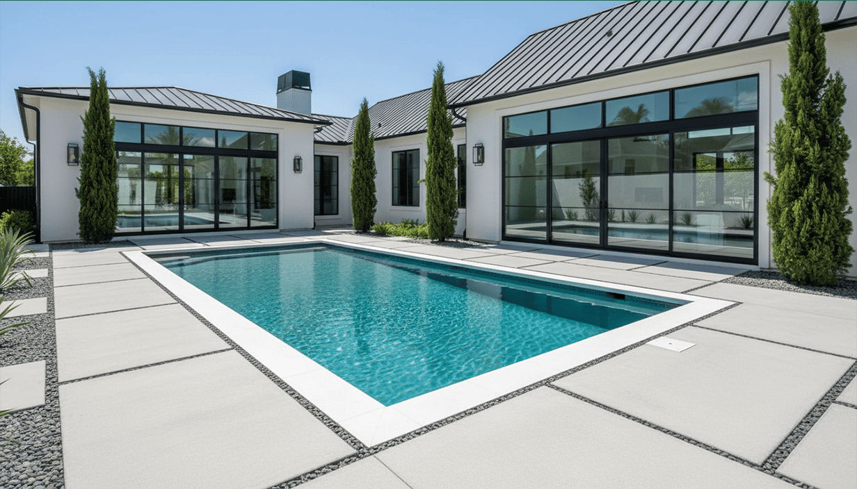 Modern backyard with a rectangular swimming pool, neighboring white house with large glass windows, and tall cypress trees along the patio.
