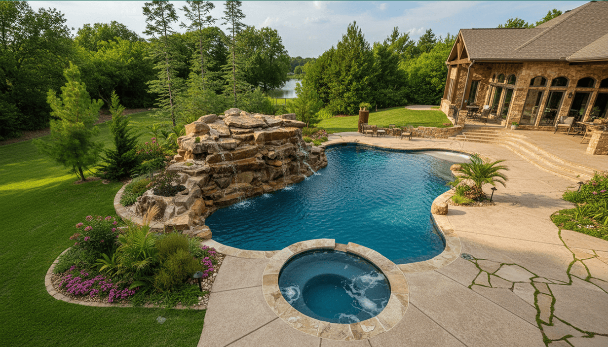 A backyard with a swimming pool and hot tub, surrounded by lush green trees and grass, with a stone house and outdoor furniture on a patio.