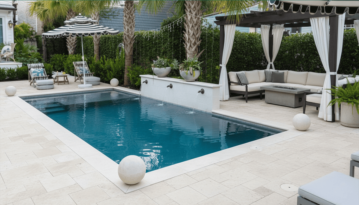 A luxurious backyard swimming pool area with lounge chairs, an umbrella, a shaded seating area with curtains, and tropical plants.