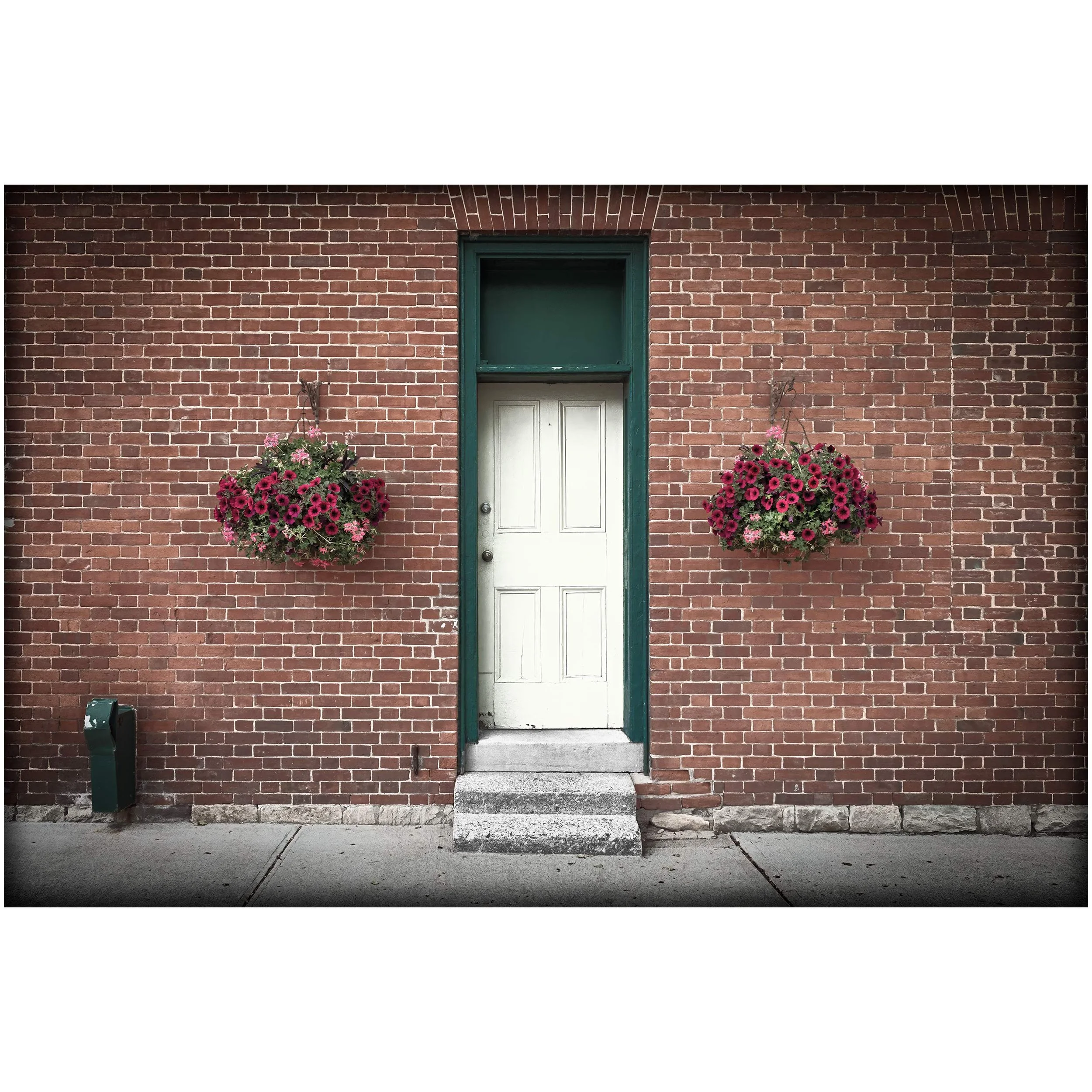 Brick wall with a door in the middle, above the door is a green framed window, two flower pots with pink and purple flowers on either side of the door, gray concrete sidewalk in front.