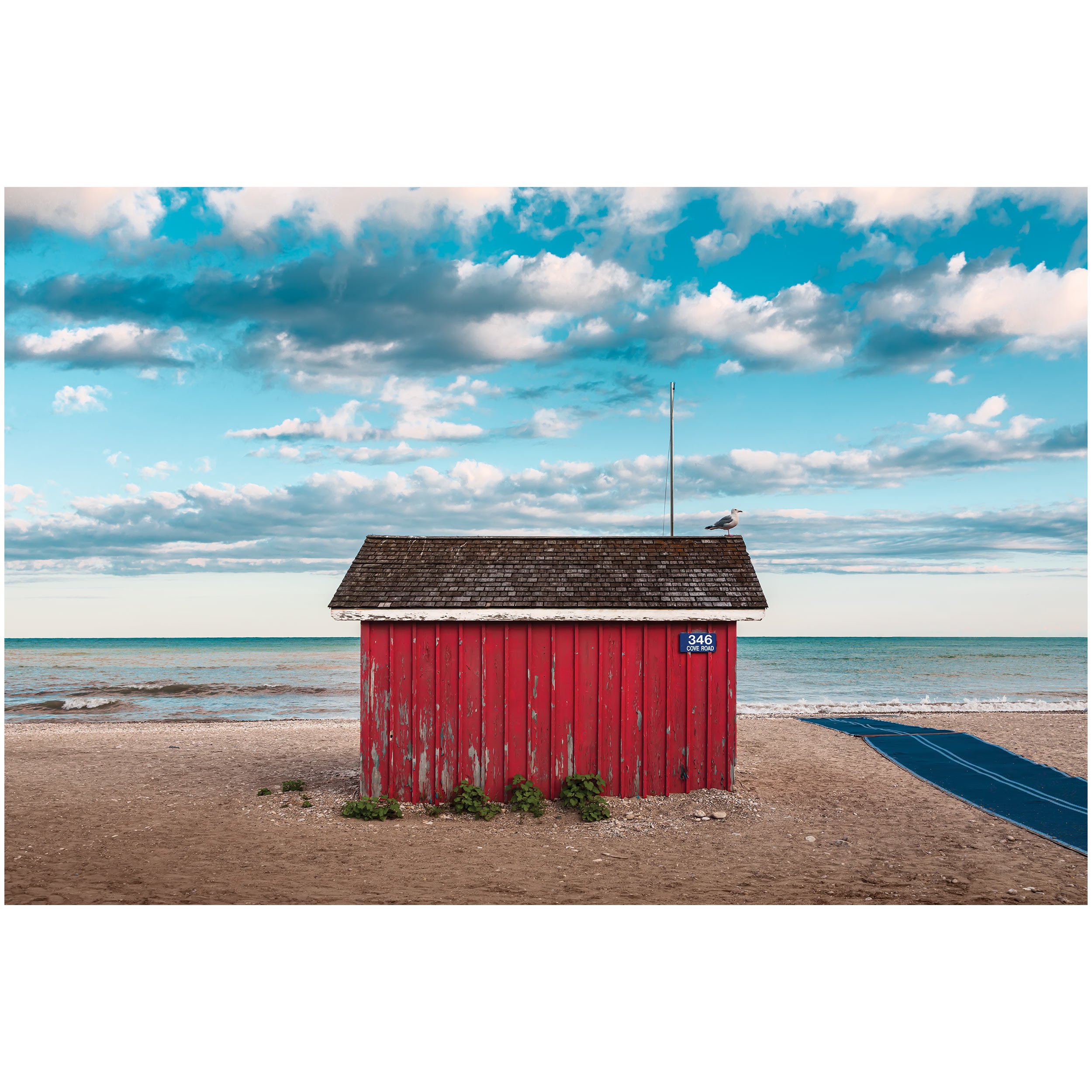 A red beach hut with a shingled roof on a sandy shoreline. A seagull is perched on the roof. The ocean and a partly cloudy sky are in the background. A sign on the hut reads "346 COVE ROAD."
