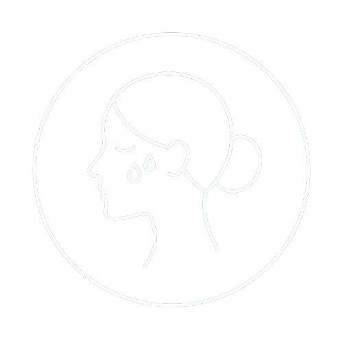 Line art illustration of a woman with tears falling from her eyes, with her hair tied back in a bun, inside a circle on a black background.