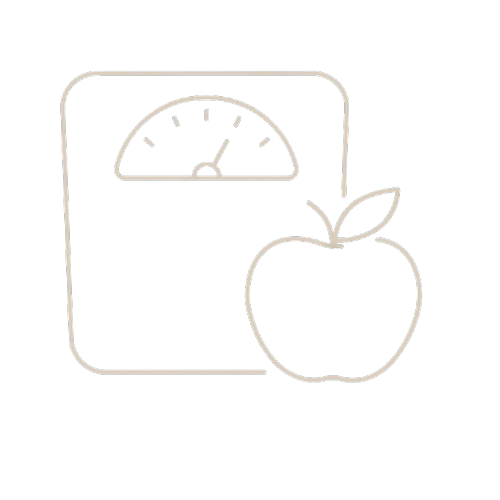 Line art illustration of a weighing scale and an apple.