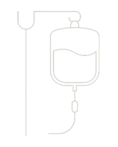 Line drawing of an IV drip bag connected to a tube, set against a black background.