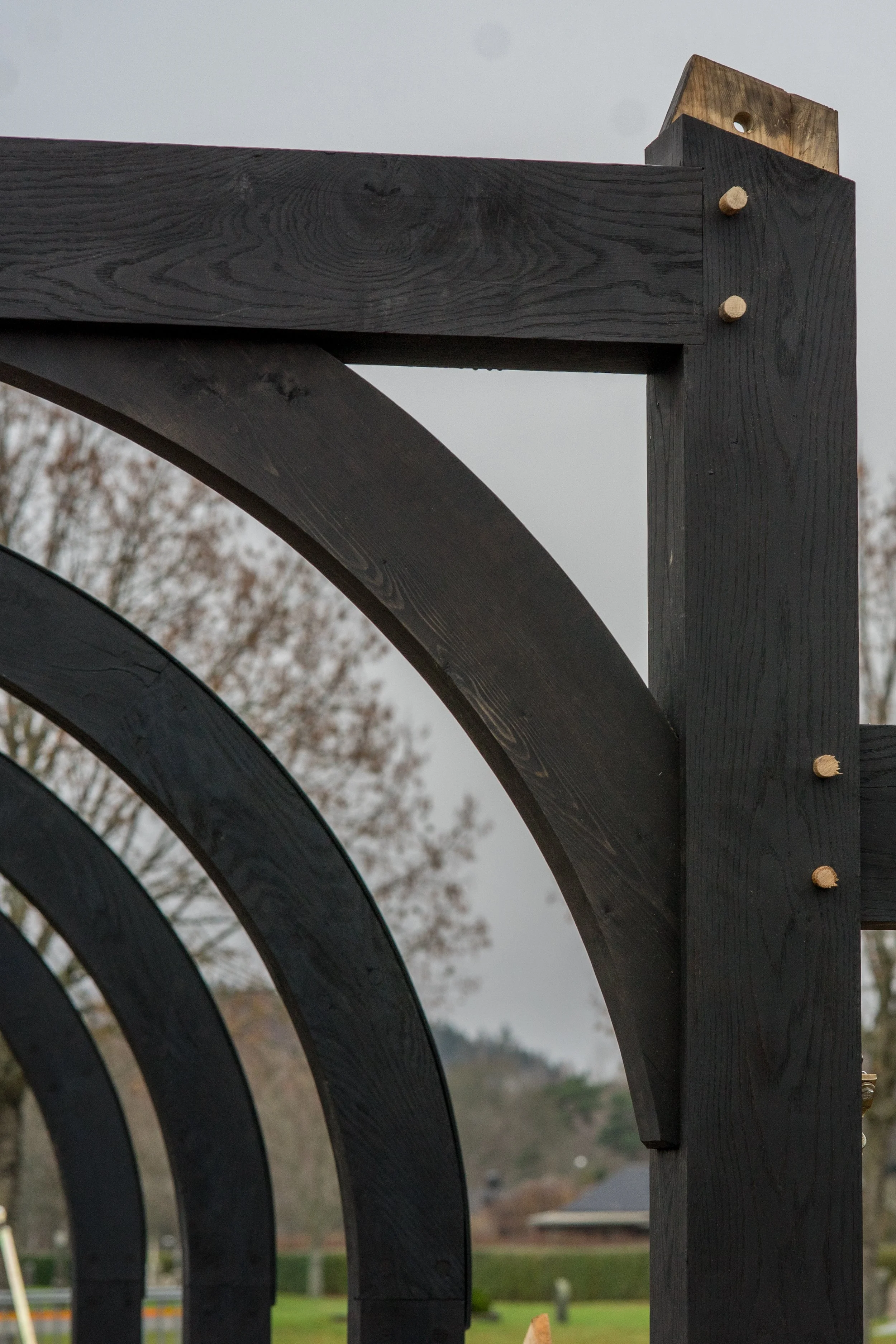 Close-up of a black wooden fence with curved slats and a post, showing metal bolts and a wooden piece nailed at the top, with a blurred background of trees and an overcast sky.